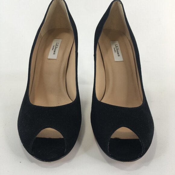 L.K. Bennett Black Suede Peep Toe Heels Size 39.5 - Picture 3 of 10